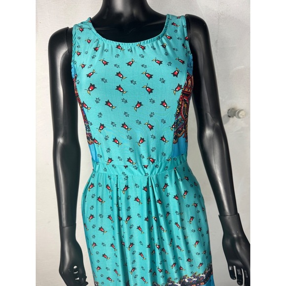 Reborn Paisley Print Midi Dress Teal Sleeveless Casual Boho Pocket M - Picture 3 of 11